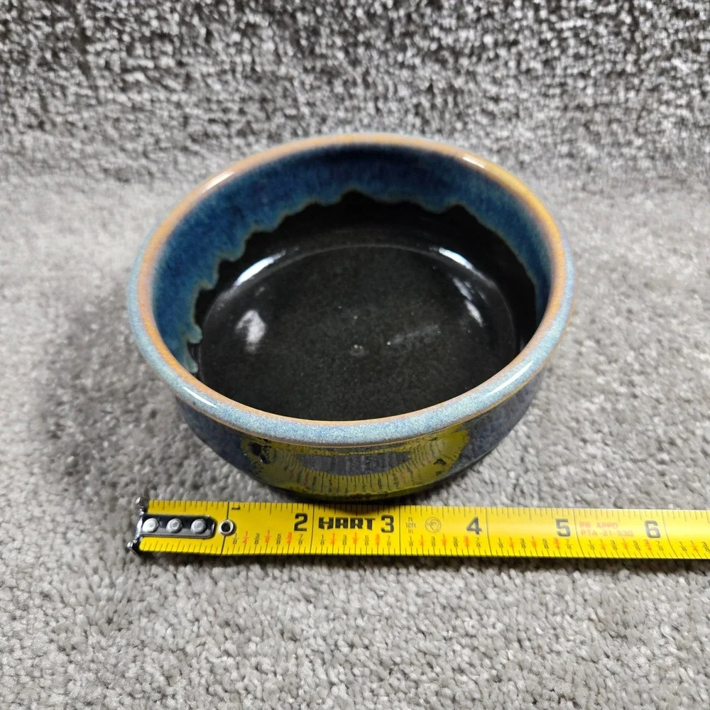 Studio Pottery Bowl Blue Drip Glaze Signed Artisan Stoneware Small